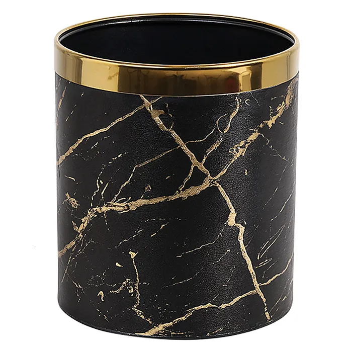 Waste Bins Metal small office trash cans kitchen trash cans bathroom trash cans 2.6 gallon garbage cans covered with marble textured PU leather 230711