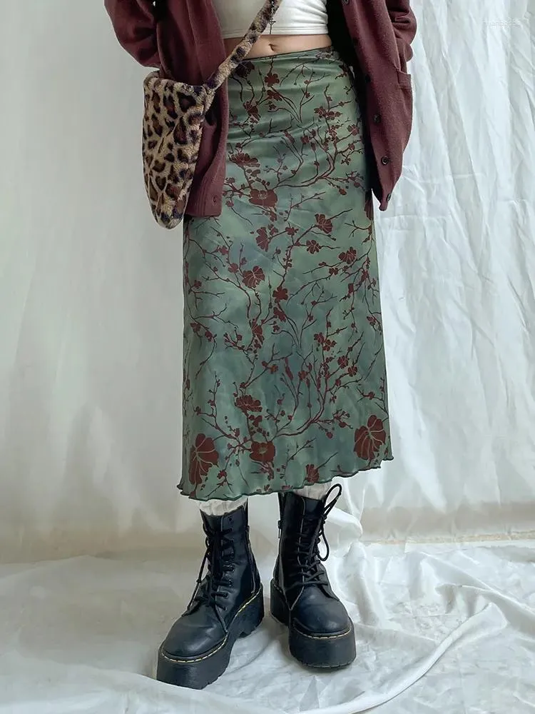 Etekler 2023 Moda Kadınlar Bir Çizgi Uzun Çiçek Baskı Sevimli Y2K Giysileri Estetik Grunge Düşük Bel Vintage Preppy Etek