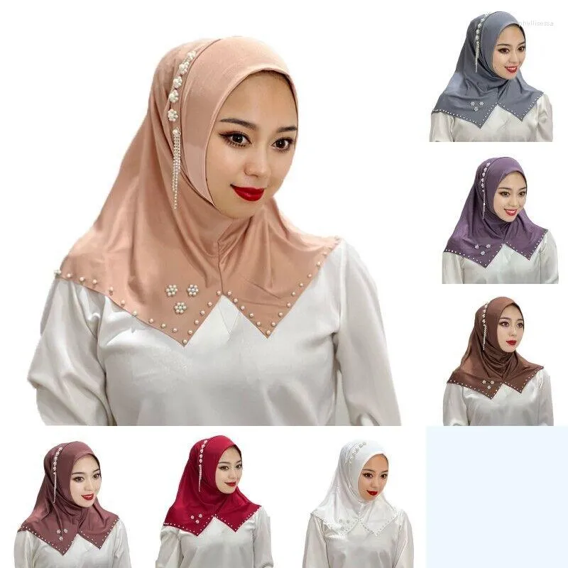 Vêtements ethniques Couleur unie Perlé One Piece Amira Hijab Chapeaux Mode Femmes Musulmanes Turban Châles Chapeaux Porter Directement Partie Foulard Cap