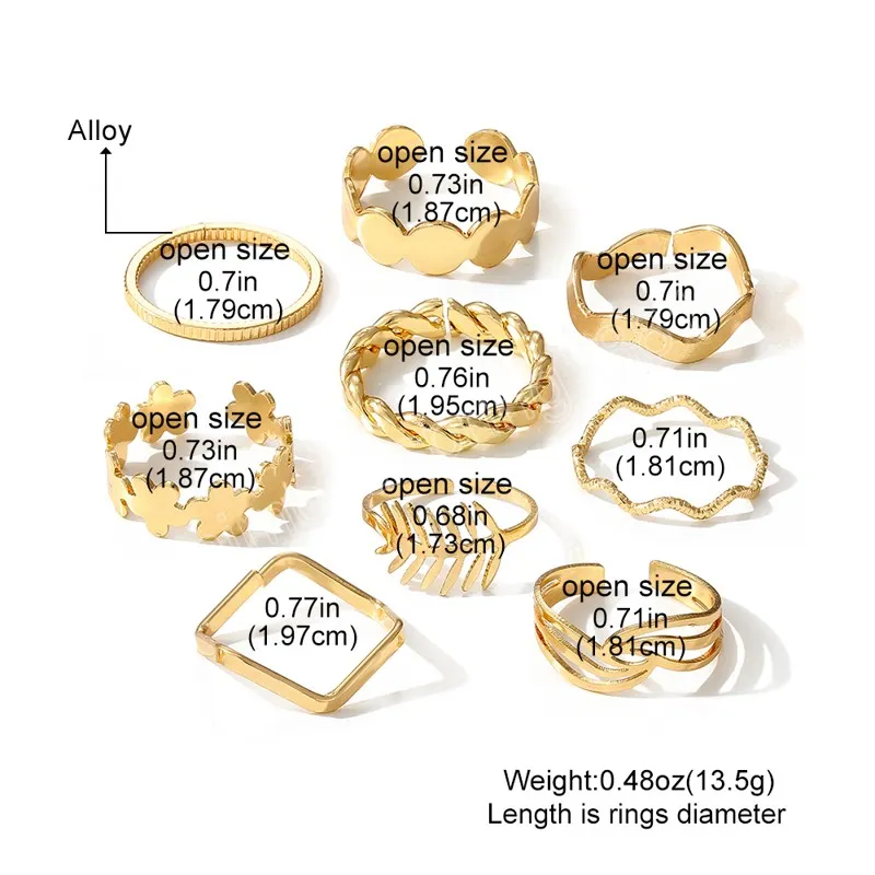 Trendy Rings Set for Women Men Gold Color Leaves Flower Circular Geometric Finger Ring Hip Pop Fashion Jewelry Gift