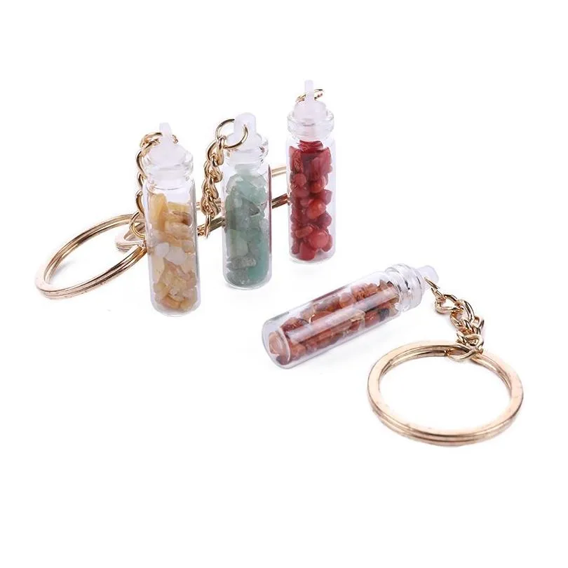 Key Rings Natural Crystal Stone Agate Keychain Degaussing Energy Drift Bottle Chain Lapis Lazi Rock Quartz Drop Delivery Jewelry Dhgem
