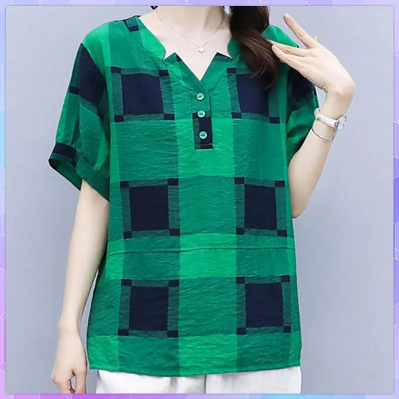 T-shirts femme élégant Plaid surdimensionné T-shirt femmes coton lin T-shirt grande taille Vintage ample à manches courtes haut dames grands hauts