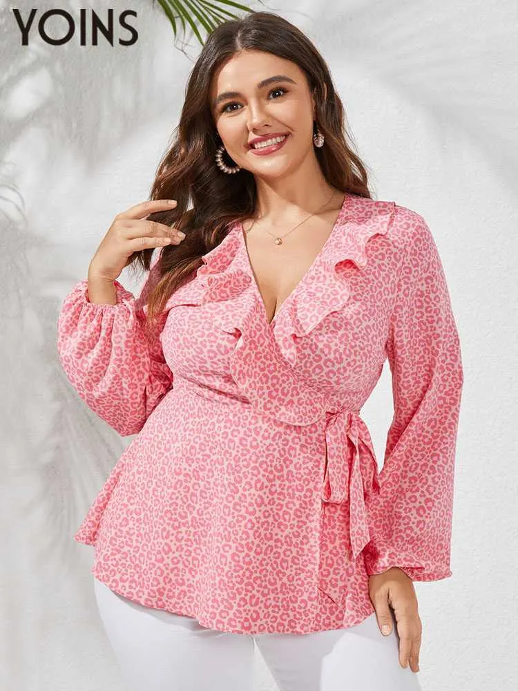 Женские блузкие рубашки Yoins Plus Size 4xl Женская вечеринка Blouses 2023 Осенняя мода с длинным рукавом v -шея с развязкой рубашки с туникой. Случайные блюзас L230712