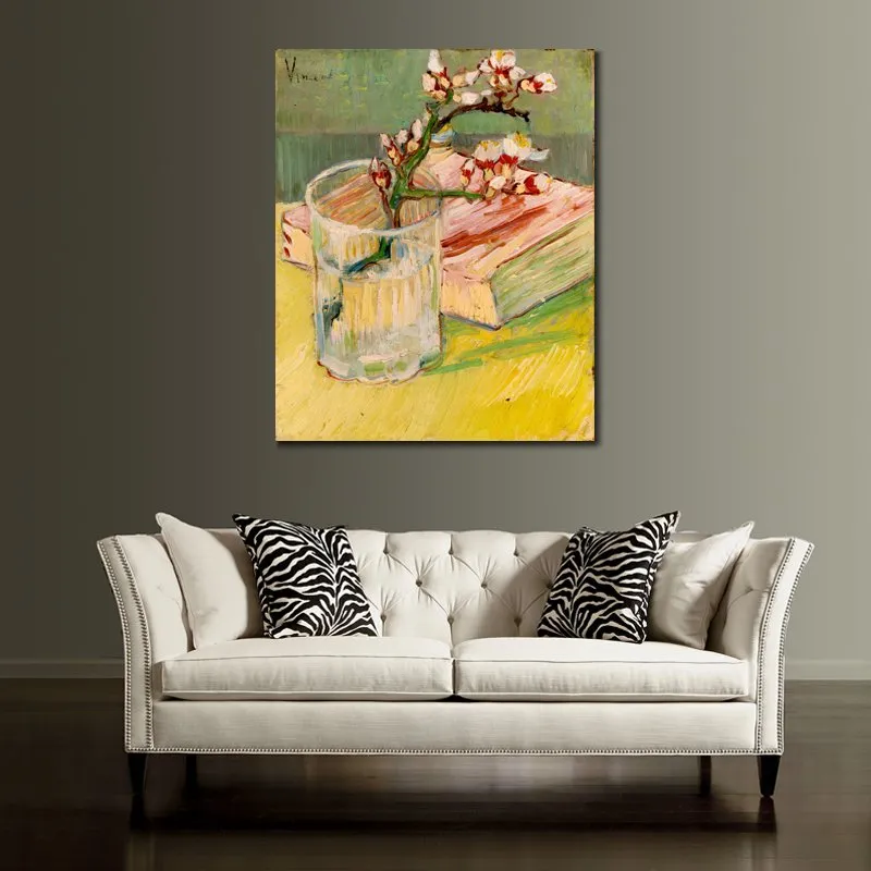 Canvas Art Bloeiende Amandeltak in Glas met Boek Handgemaakte Vincent Van Gogh Schilderij Stilleven Kunstwerk Moderne Muur Decor