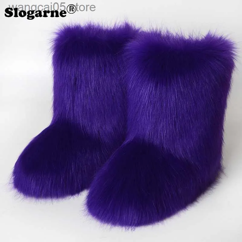 Boots Women's Winter Snow Boots Outdoor Luxury Furry Faux Fox Fur Boots Woman Plush Warm Platform Shoes New Fashion Bottes Big Size T230714