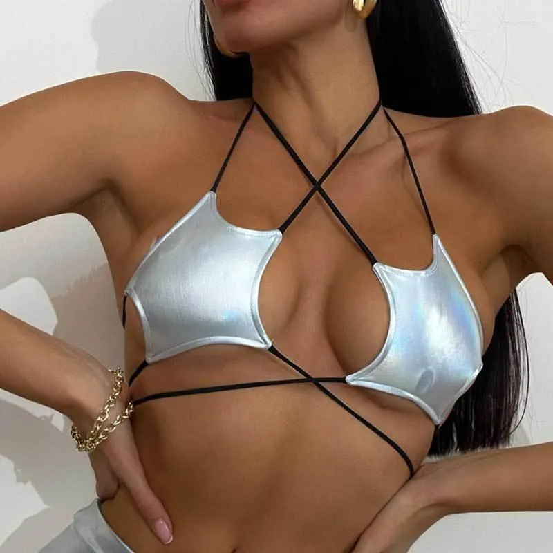 Women's Tanks and Shorts Sexy Women Leather Star Shape Strappy Bra Bustier Crop Top Bralette Hanging Neck Bandage Reflective Silver Nightclub Vest