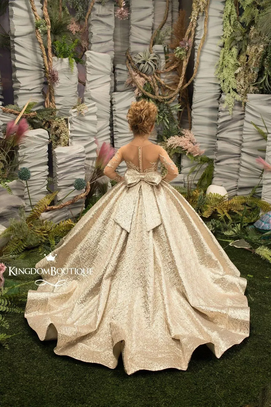 Gold Flower Girl white and gold dress with Illusion Sleeves