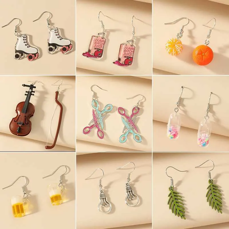 Dije creativo divertido violín pendientes colgante para mujer lindo DIY hecho a mano hoja fruta tijeras acrílico pendiente fiesta joyería regalo 2021