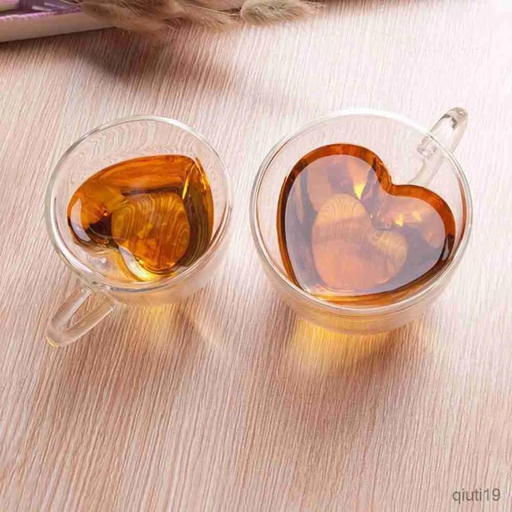 Tazze a forma di cuore Tazza da caffè in vetro a doppia parete a forma di cuore Home Office Tazze da tè resistenti al calore Tazza da latte Bicchieri per regali per amanti della famiglia R230712