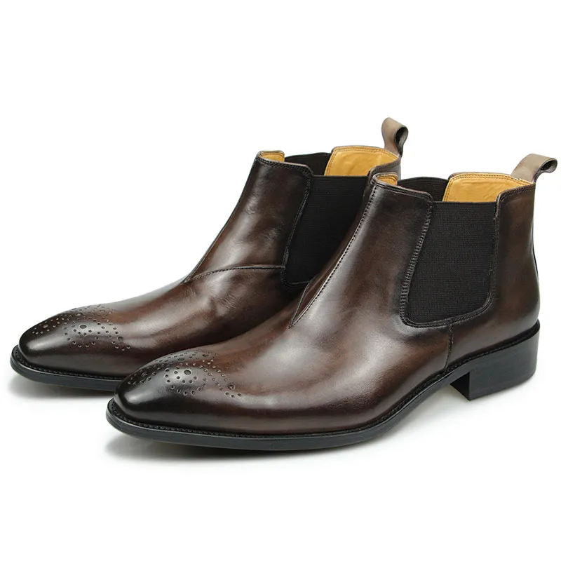 Mannen Echt Leer Chelsea Enkellaars Mode Brogure Elegante Jurk Slip-On Winter/Lente Zakelijke Zwarte Koffie Laarzen Luxe