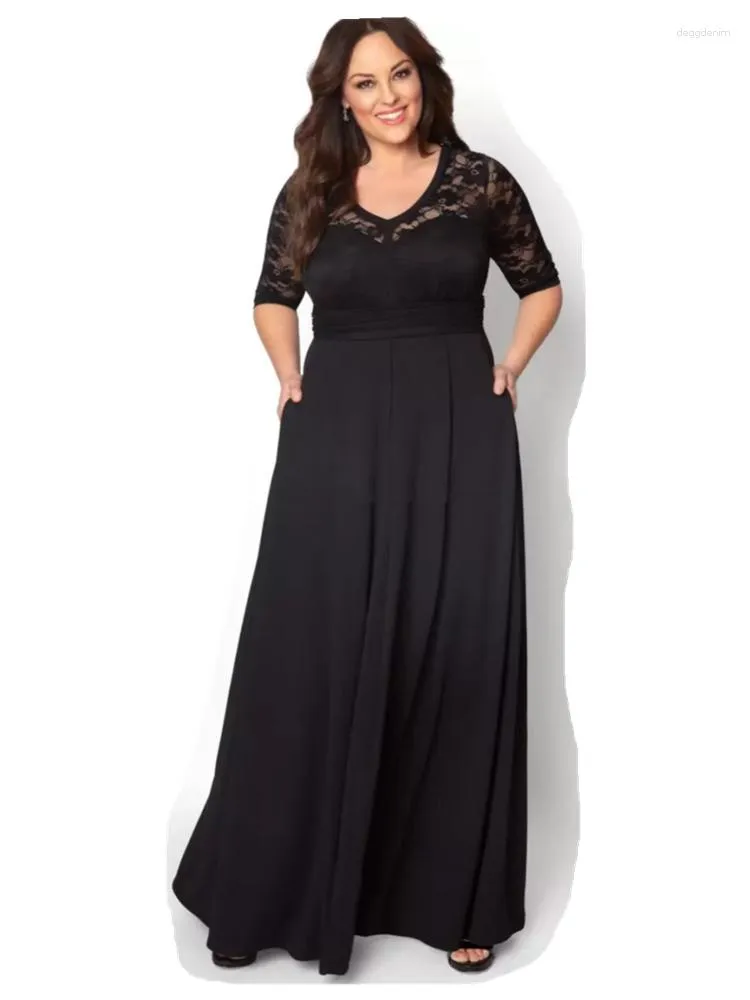 Robes de soirée noir grande taille dentelle soirée bijou cou en mousseline de soie robes de bal avec demi-manches une ligne étage longueur robe formelle