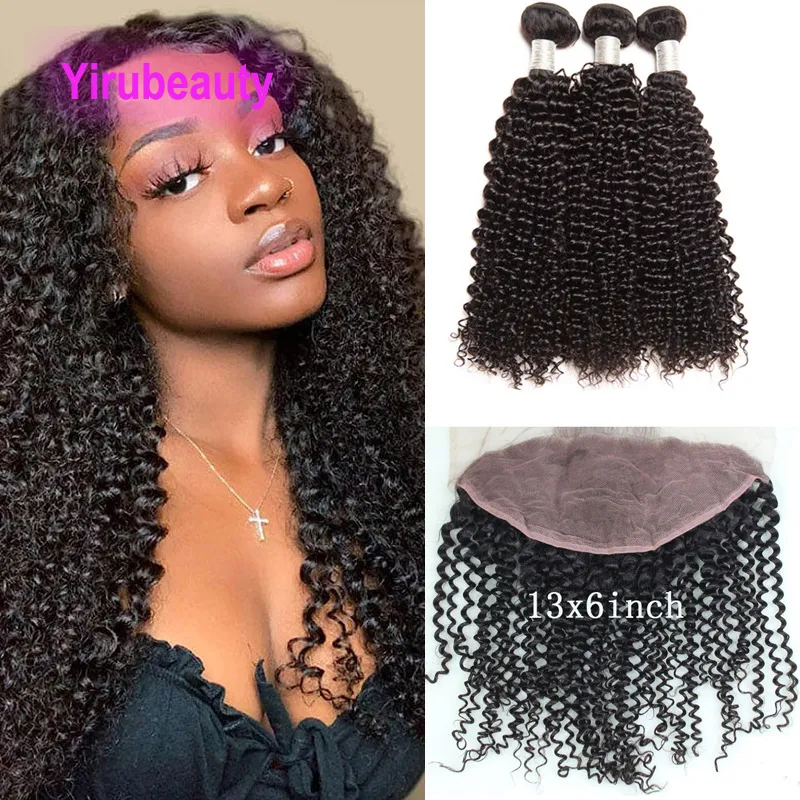 Yirubeauty Malaysisches Echthaar, 3 Bundles mit 13 x 6 Lace Frontal, knickgelockt, 4 Teile/los, 25,4–76,2 cm, natürliche Farbe