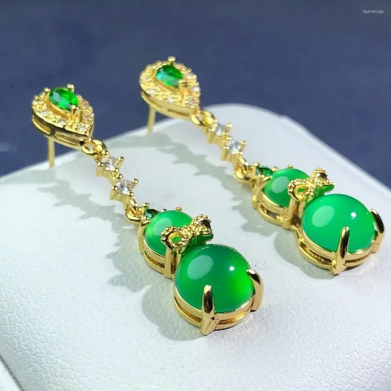 Dangle Oorbellen Natuurlijke Groene Jade Met Zirkoon Emerald Myanmar Jadeïet Kalebas Druppel Oorbel Voor Vrouwen Fijne Sieraden Accessoires