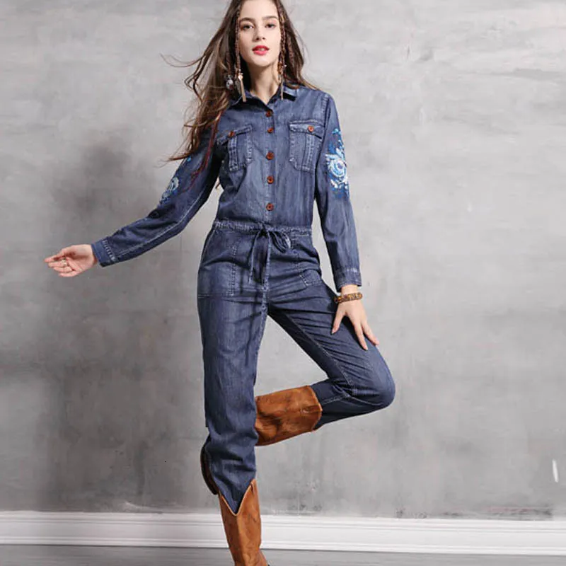 Damen-Overall, Strampler, modisch, Safari-Stil, langärmelig, Damen-Stickerei, Denim-Jeans-Overall und Overall, Übergröße, Hose, S-XL, 230711