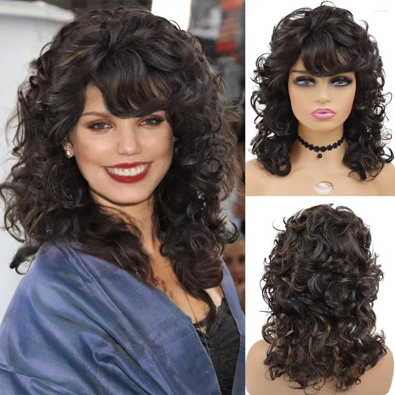 Perucas Sintéticas GNIMEGIL Para Mulheres Negras Com Textura Cacheada E Franja Marrom Com Destaques Peruca Regular Penteado Natural Cabelos Fofos