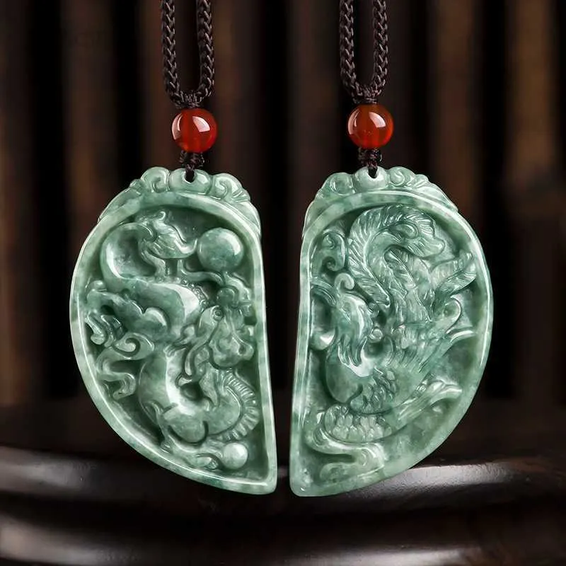 Anhänger Halsketten Jade Drache Phönix Paar Anhänger Charm Mode Smaragd Halskette Schmuck Talismane Burmesischer Jadeit Designer Stein Natur HKD230712