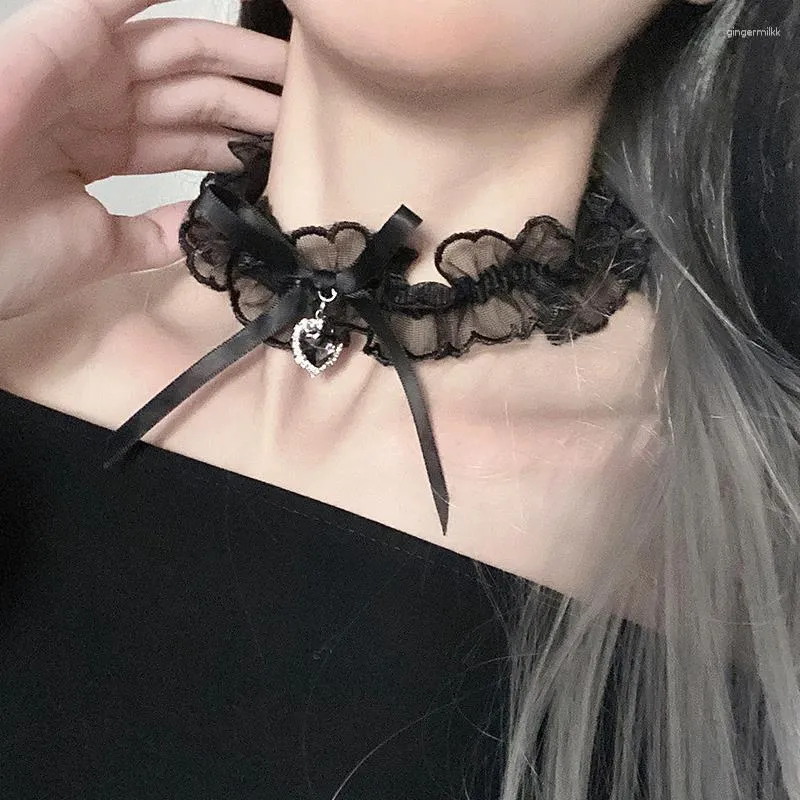 Charm.L Grace Black Flower Lace Gothic Lolita Choker Necklace With Beads & Pendant
