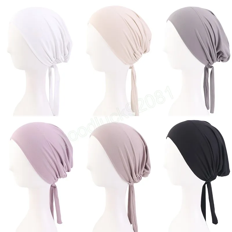 Boné Turbante Muçulmano Interno Sob Cachecol para Mulheres Turbantes Islâmicos Hijab Boné com Gravata Bonnet Chapéu Índia Touca Turbante Mujer