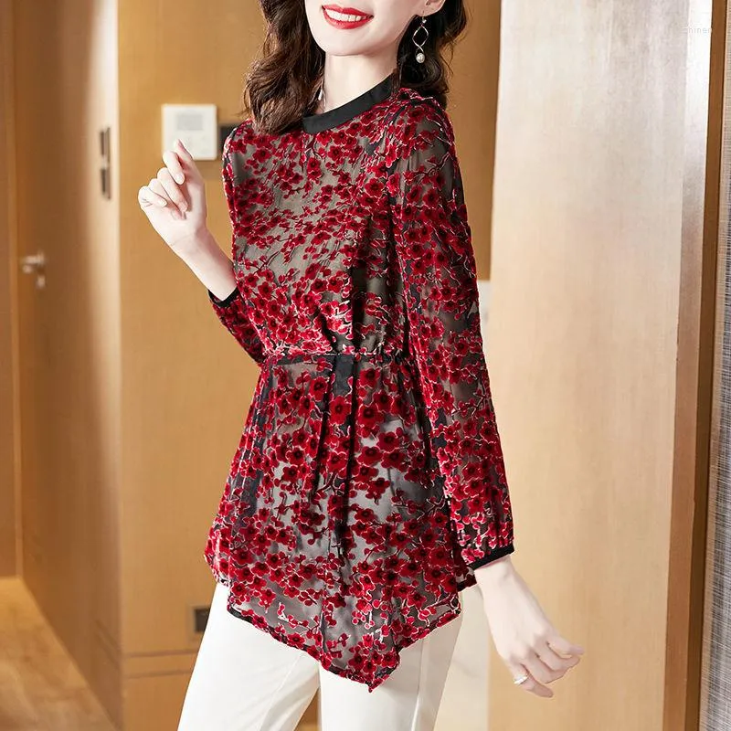 Women's Blouses Pleuche O-Neck Mesh PrintedThick Warm Winter Velvet Top Female Printting Pullovers Long Sleeve Ladies Clothes B257