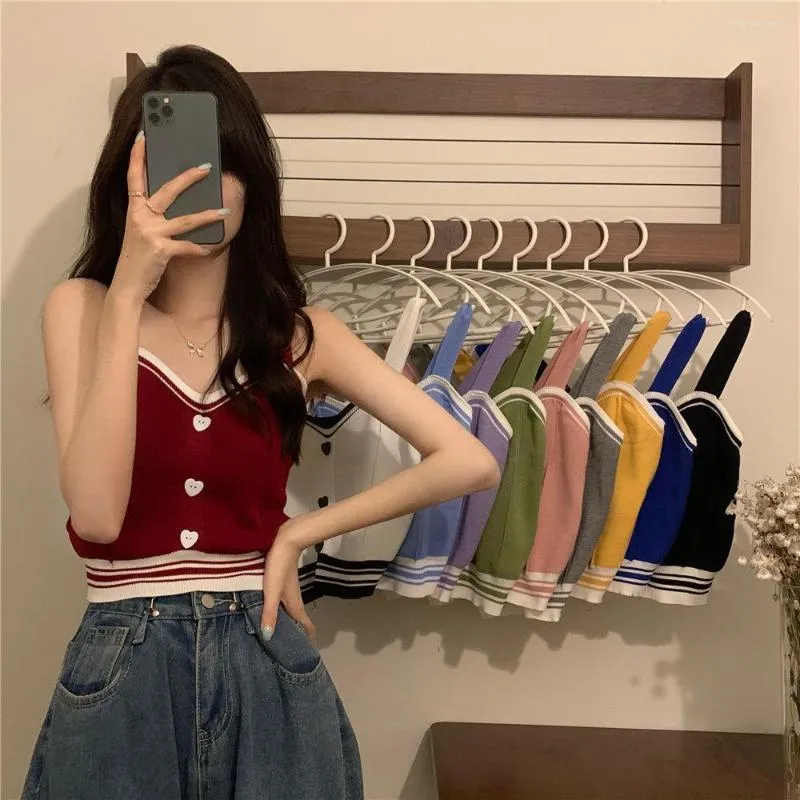 Vrouwen Tanks Tank Tops Vrouwen Zomer Mode 2023 Y2K Leuke Koreaanse Gebreide Liefde Knop Strakke Casual Vest Blauw Crop Top Groen Hemdje Vrouwelijke