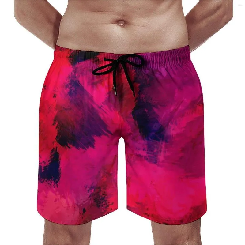 Short masculino com estampa de pincel na cintura elástica Masculino Curto Vermelho Abstrato Pintura Tamanho grande Calção de banho Qualidade