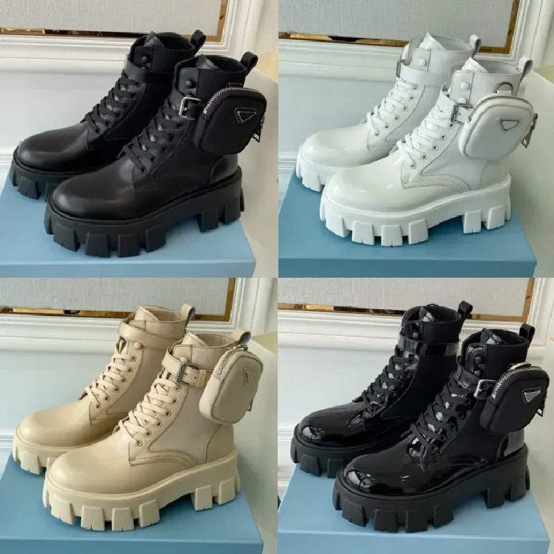 Monolith Läder Och Re-nylon Boots 100% äkta läder Med Pouch Boots Dam Stövlar Strapped Pouch Combat Boots lyxdesigner Ankel Combat Boot storlek 35-42 Dam Ankel