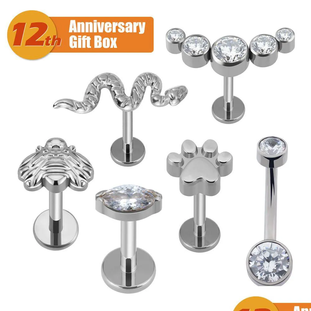 Combinazione di borchie per anelli al naso 6Pcs Astm F136 Implant Grade 16G Snake Paw Print Bee Marquise Cz Labrets 14G Navel Belly Button Ring Dhgma