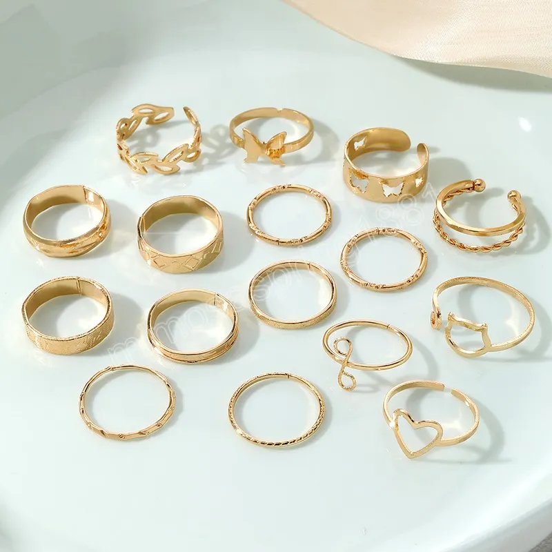 Nouveaux anneaux de couleur or pour femmes hommes évidés papillon coeur feuilles motif géométrique mode anneaux ensemble bijoux à la mode
