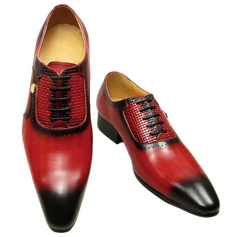 Bedrijf Nieuwe veter zomer Red Fashion Leather Men's Black Hand Barved Wedding Anniversary Office Oxford schoenen 443
