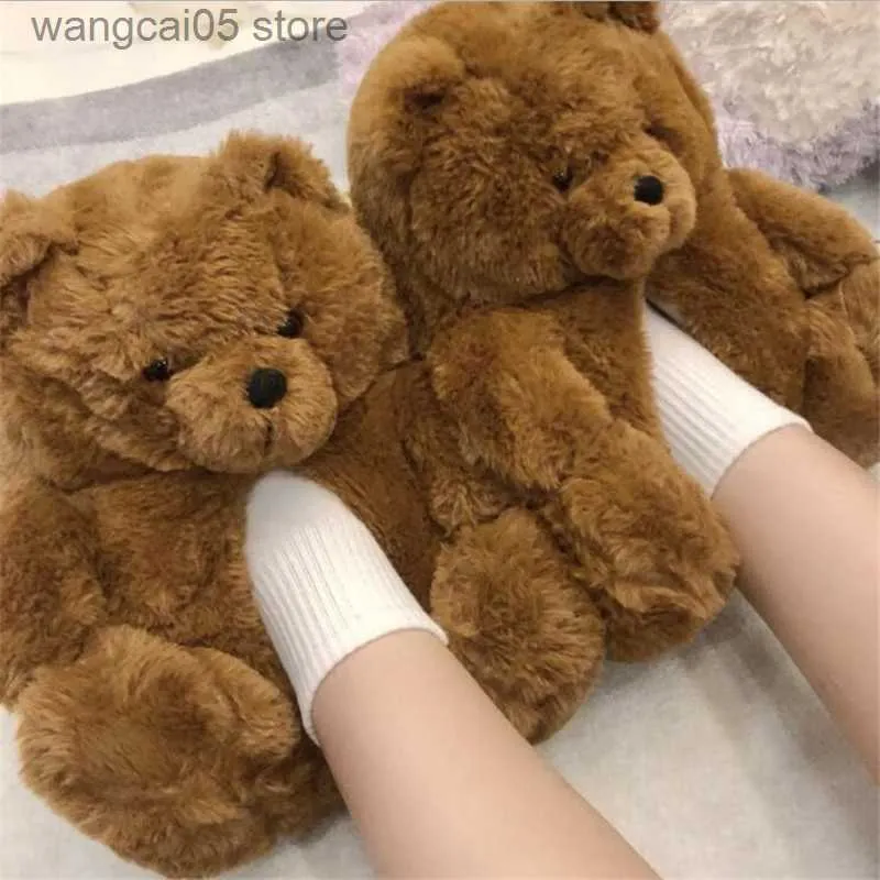 Slippers 2023 Vrouwen Warm Plus Cartoon Leuke Teddybeer Slippers Huis Indoor Slipper Furry Faux Fur Slides Vrouw Furry schoenen T230712