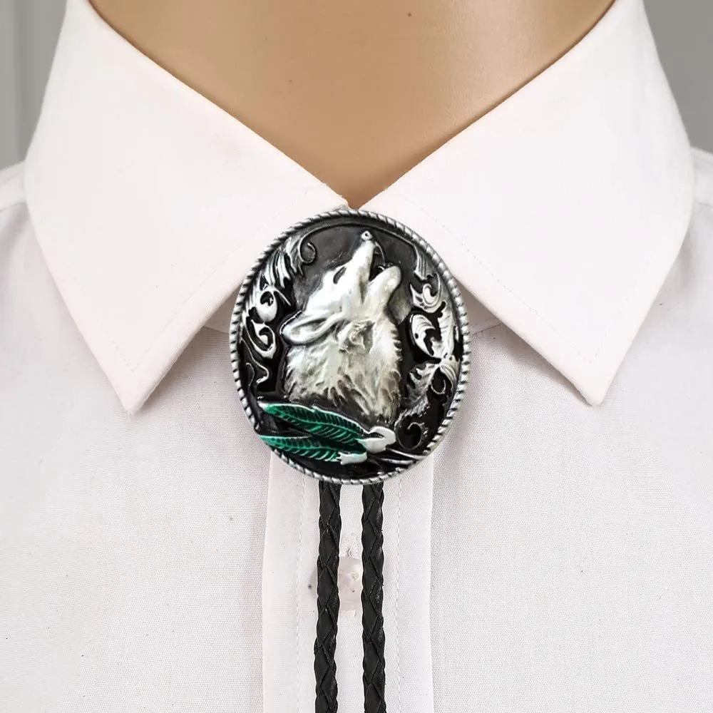 Bolo Ties Western howling wolf Bolo Tie Antique Design Cowboy Bolo Tie for Men American Bow Neck Tie Suit Shirt Accessories Leather Chain 230712