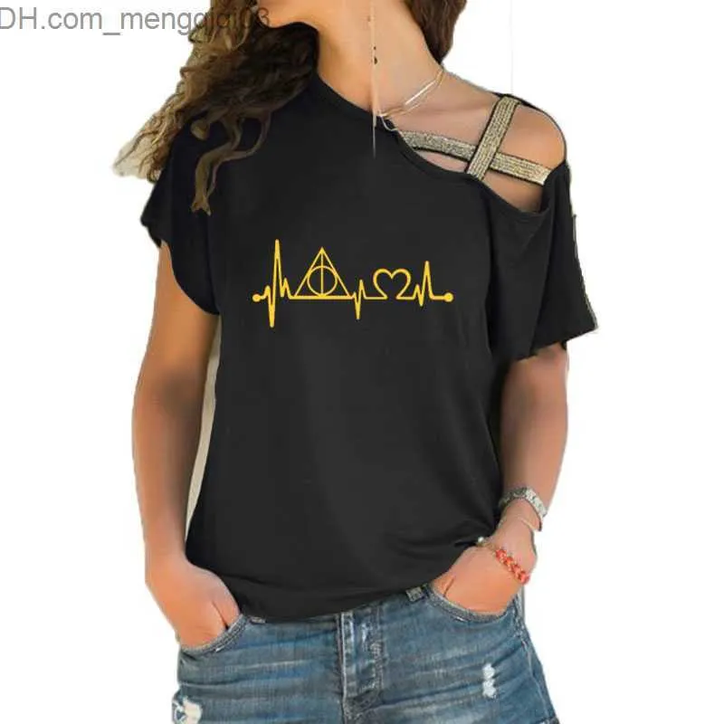 女性のTシャツ新しいファッションサマーTシャツ女性死の秘宝ハートビートプリントTシャツ不規則なスケルトンクロス包帯TシャツトップサイズS-5XL Z230713