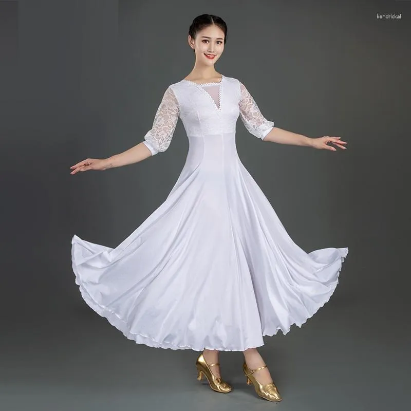 Scene Wear White Women Standard Ballroom Dance Dress Waltz för Dancing Tango Costumes Spanish Flamenco