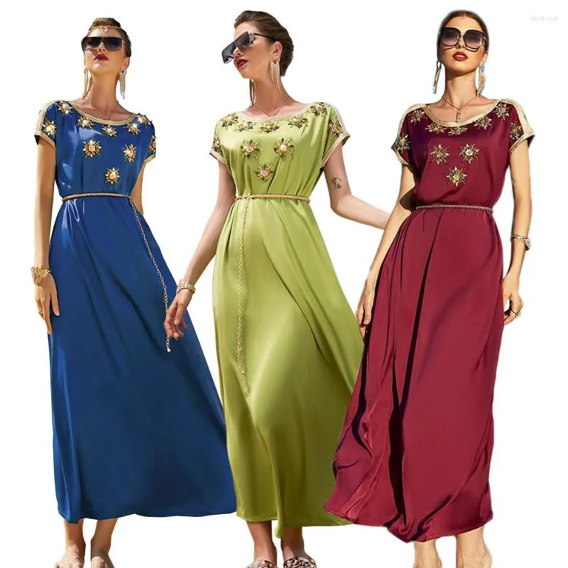 Vestuário étnico Elegante Cetim Muçulmano Mulheres Abaya Diamantes Longo Vestido Maxi Dubai Islâmico Vestido de Festa Noturna Marrocos Eid Mubarak Casamento