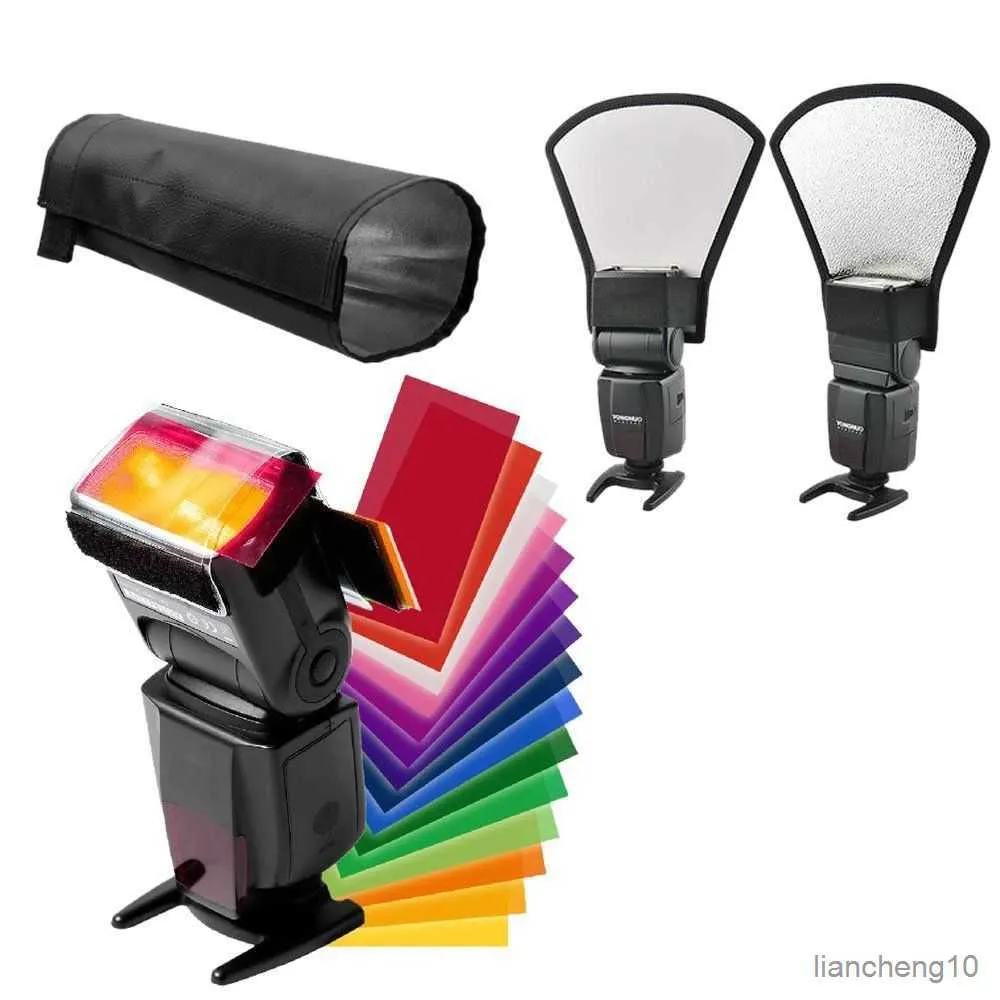 Flash Diffusers Nieuwe 12 Kleuren kaart Flash Diffuser Kit + zilver/wit Reflector + Opvouwbare Beam Snoot R230712