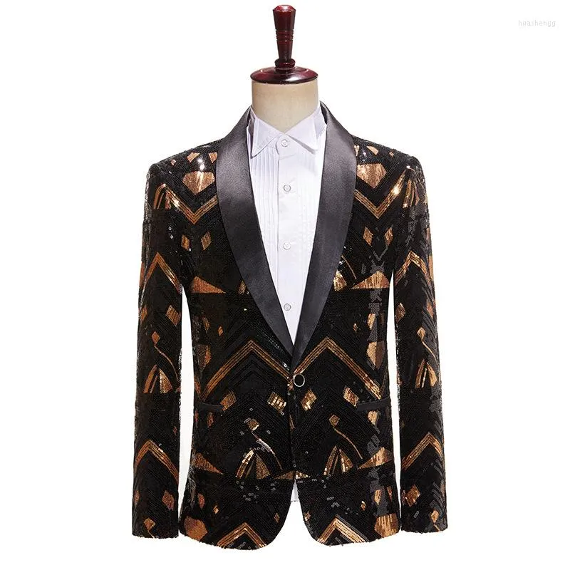 Costumes pour hommes Hommes Élégant Paillettes Costume Veste Un Bouton Châle Revers Tuxedo Blazer Hommes Dîner De Mariage Marié Fête Chanteur Costume De Scène Homme