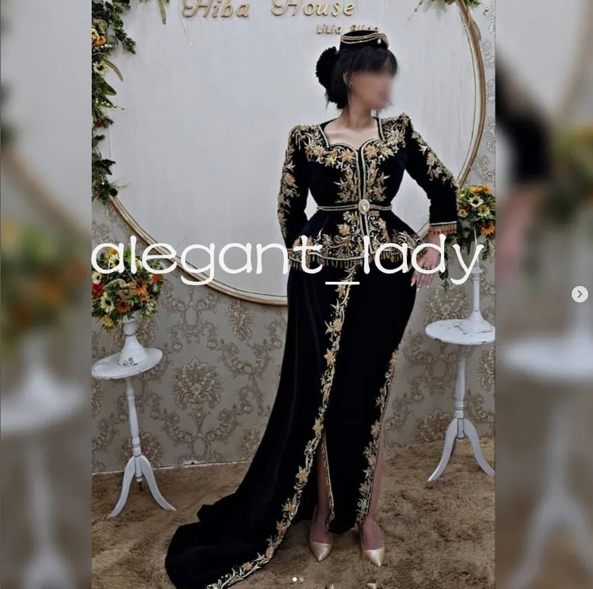 Elegant Black Velvet Karakou Kaftan Dress Gold Appliques Peplum