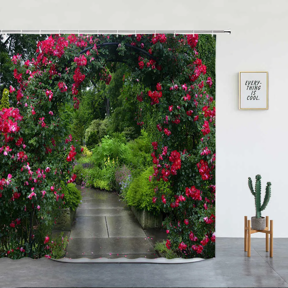 Tende da doccia Tende da doccia con paesaggio rurale primaverile Set Fiori rosa Foresta di alberi Paesaggi floreali naturali di piante verdi con decorazioni per il bagno