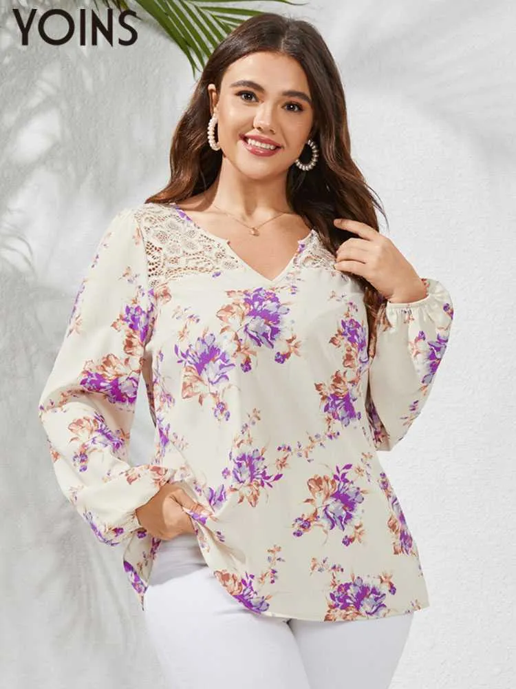 Blouses pour femmes Chemises YOINS Bohème Floral Imprimé Blouses Femmes Élégantes Chemises De Fête Plus La Taille 2023 Automne À Manches Longues Col En V Dentelle Tunique Tops Femme L230712