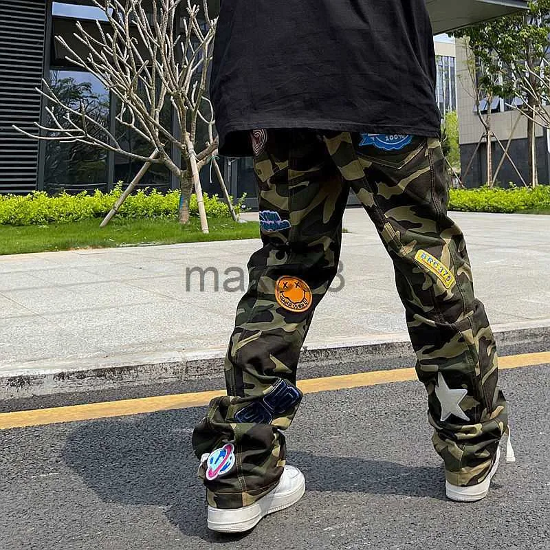 Herrenhosen Emo Herrenmode Streetwear Casual Baggy Camouflage Jeans Gestickte Hip Hop American Alt Patch Gerade Cargohose Kleidung J230712