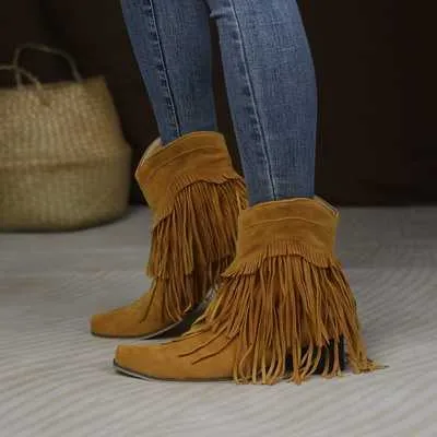 Stövlar Aosfiraylian Winter and Autumn Women's Ankle Boots 2023 Fringe Edge Square High Heels Western Office Women's Sexy Women's Shoes L230712