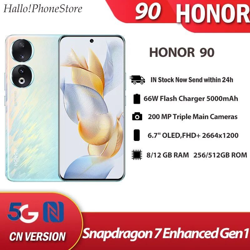 new honor 90 5g 120hz 6,7 tum oled smartphone snapdragon 7 förbättrad gen 1 200mp nfc 100w 5000mah magicos 7.1 ota
