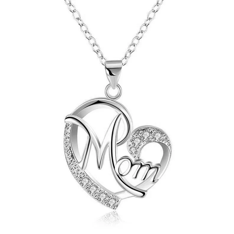 S925 Sterling Silber Anhänger Halskette Damen I Love You MOM Herz Kristall Halskette für Muttertag Geschenk Weihnachten Schmuck