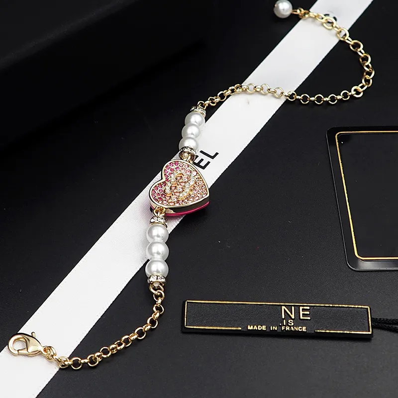 Designer bracelet for women Luxury Charm Bracelet pearls heart bracelets Pink rhinestones fashion trend bracelets double enamel Gifts