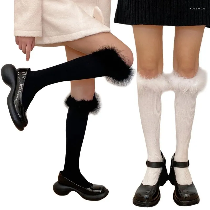 Women Socks Preppy Style Knee High With Feather Trim Student Cotton Stockings