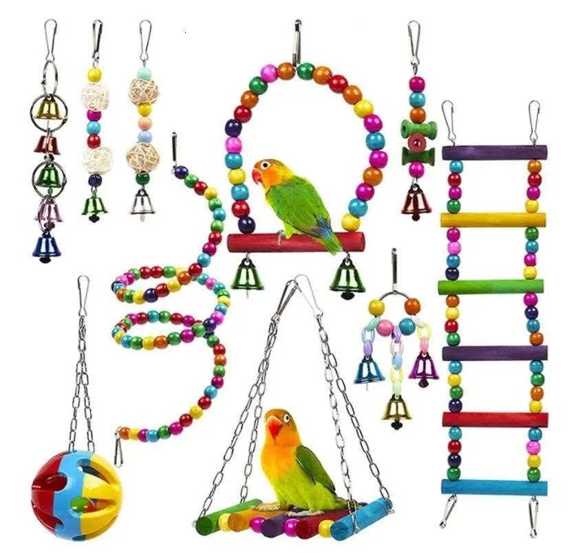 Otros suministros para pájaros 5 6 10 Uds. Juego de juguetes de jaula para loros, columpio masticable fiable, colgante de cuentas de madera, campana de bola, accesorios para mascotas 230711