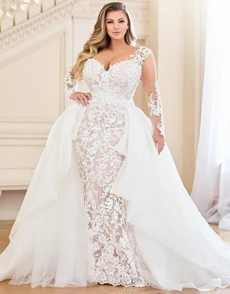 Elegant Long Sleeves Lace Mermaid Wedding Dresses With Detachable Train Back Lace-up Corset Plus Size Bridal Gowns Sheer Neck Champagne And Ivory Robe De Mariee