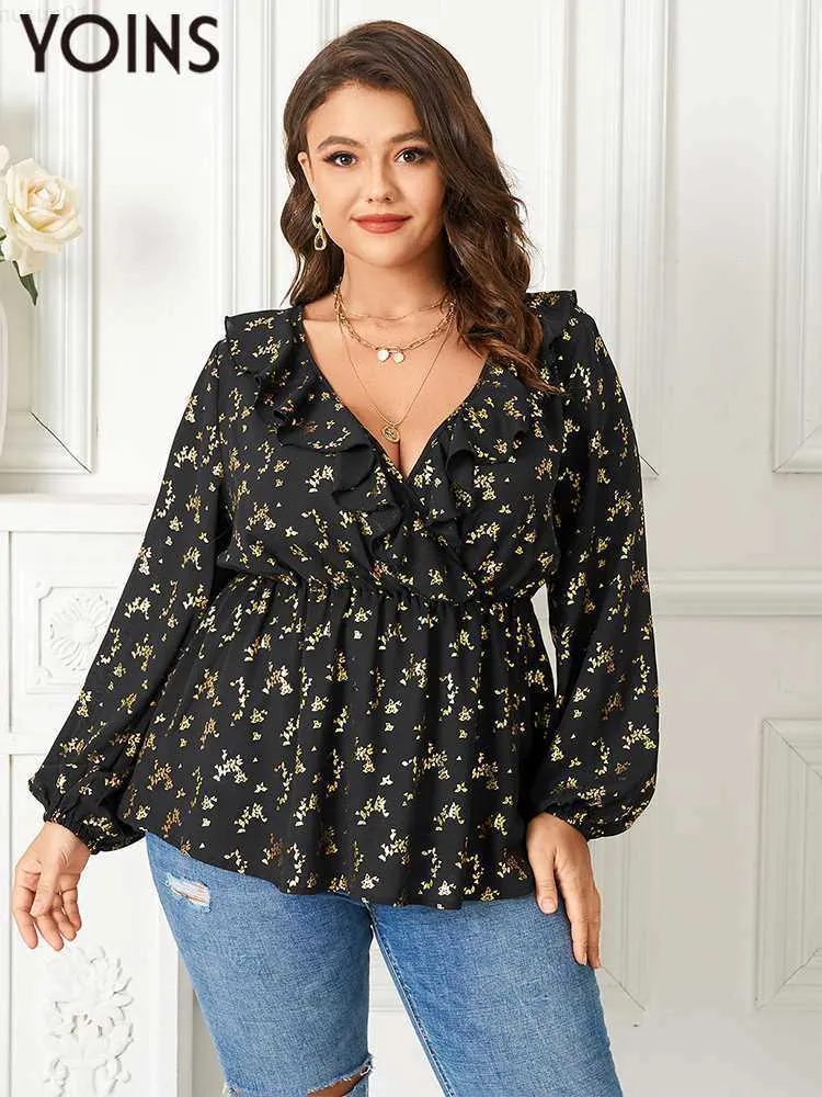 Women's Blouses Shirts YOINS 2023 Plus Size Women Blouses Autumn Long Sleeve Shirts Sexy V Neck Ruffle Trim Fashion Tunic Casual Tops Tee Blusas 4xl L230712