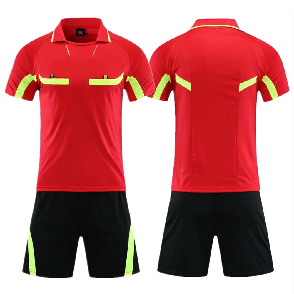 Outros Artigos Esportivos Uniforme de Árbitro de Futebol Profissional Masculino Gola Turn-down Roupas de Árbitro de Futebol Camisa de Juiz de Manga Curta Três Bolsos Shorts 230712