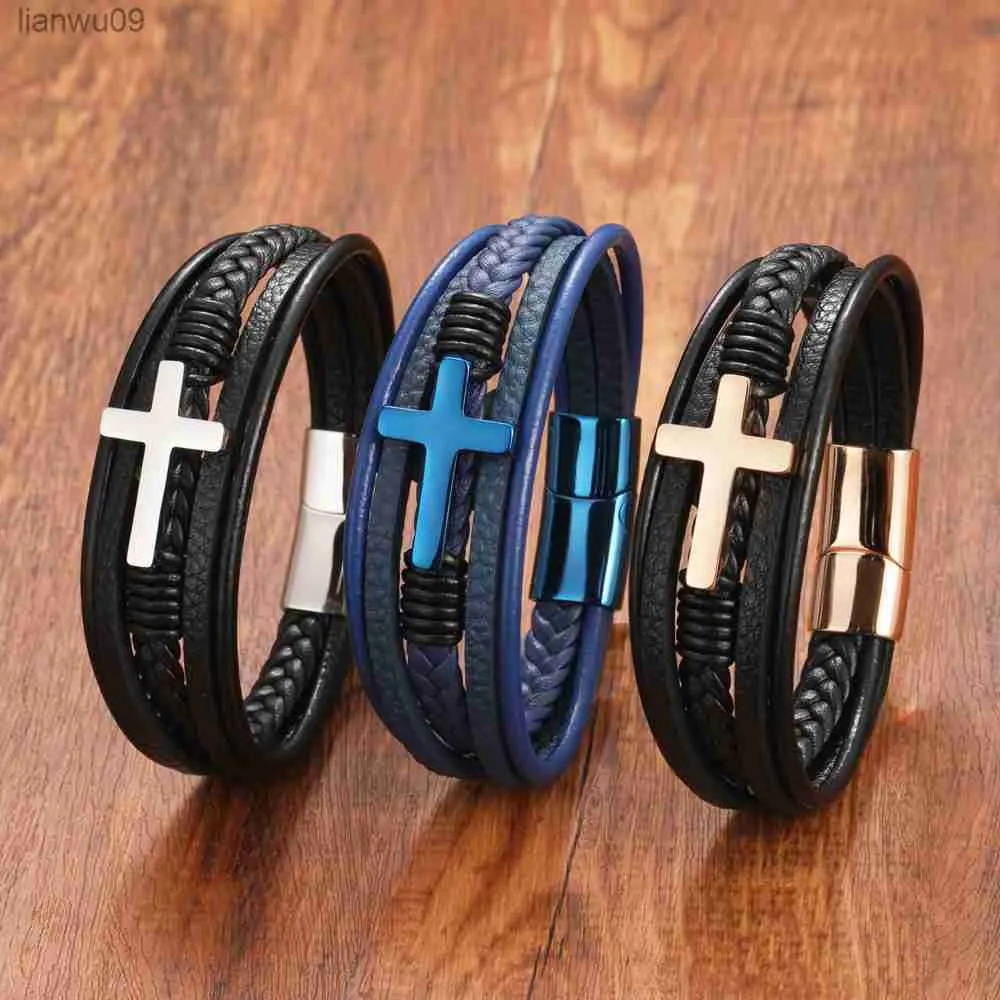 Nieuwe Retro Mannen Zwart Rvs Cross Lederen Armband met Magnetische Sluiting Mode-sieraden Gift Gratis Verzending L230704